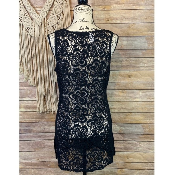 La Blanca | Black Crochet Floral Lace Sleeveless Tunic Swim Bikini Coverup Top - Picture 4 of 7